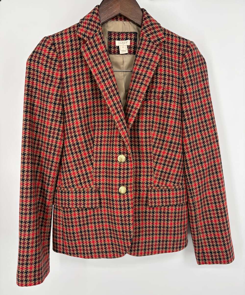 00 NWOT J Crew Wool Blend Houndstooth Blazer Orange Red Preppy Fall